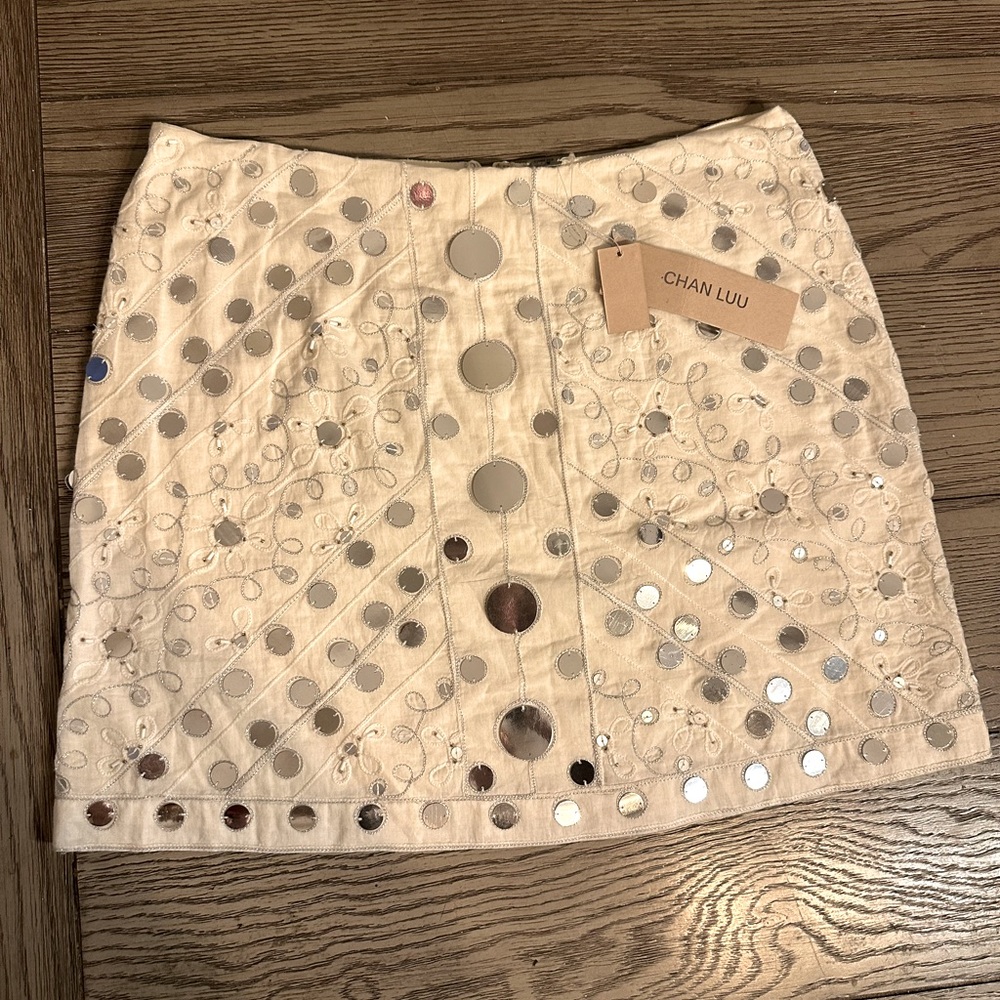 Chan Luu Cream Mini Skirt with Silver Mirror Studs